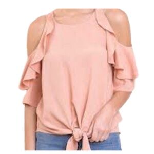BOUTIQUE ITEM- LINEN BLEND RUFFLE OPEN SHOULDER TOP IN BLUSH/PEACH